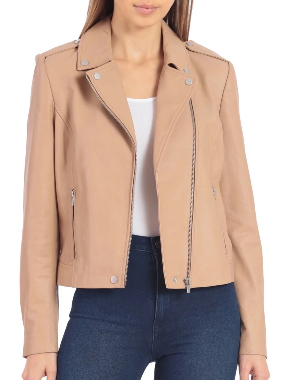 Women’s Badgley Mischka B7 Genuine Leather Biker Jacket Beige/Wicker Lrg BNWT